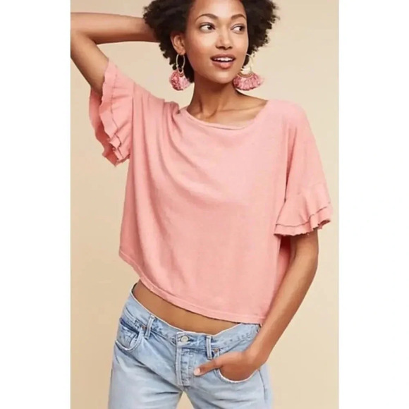 Anthropologie t.la Pink Women's XXS Cropped Ruffle Flutter Sleeve Hemp Tee - Picture 1 of 4